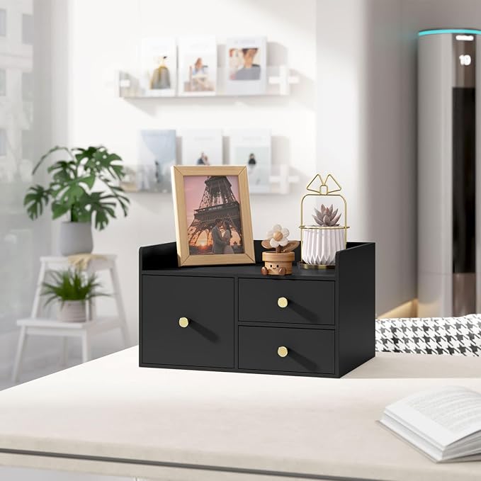 Bamboo Desk Organizer with Drawers,Wooden Desktop Storage (Black,3 Drawers) | 100% Bamboo 3 Pull-Out Drawers No Assembly Required Space-Saving Design