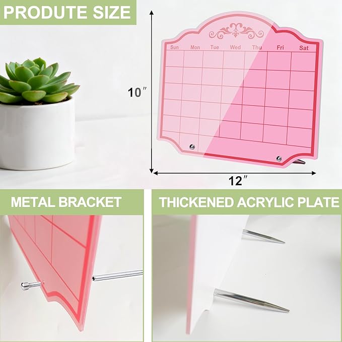 Calendar Dry Erase Board Acrylic Desk Whiteboard Weekly to Do List Memo Note Tabletop Monthly Planner with Stand Desktop Thickened Acrylic Pink 12" x 10" for Home Office School