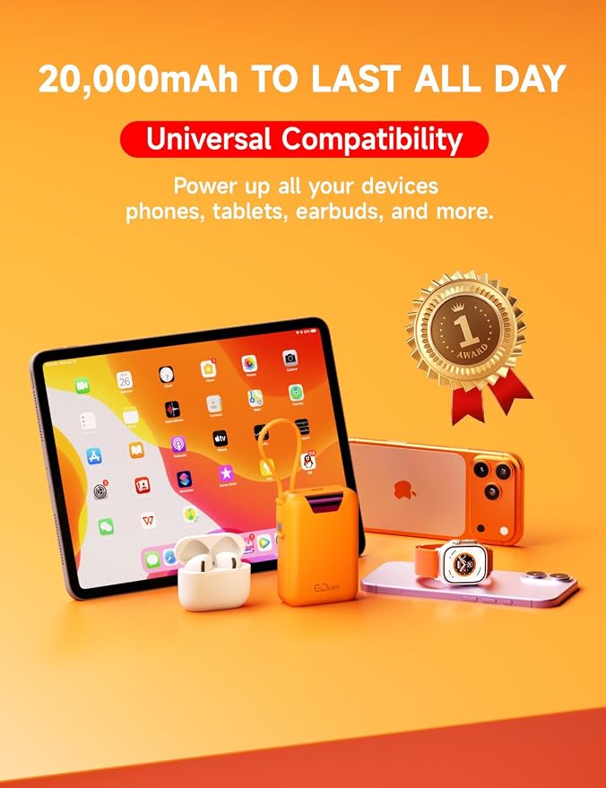 M2 Portable Charger, 20000mAh Power Bank, PD 35W Ultra Fast USB-C Built-in Cable, Compact Cute Mini External Battery Pack for iPhone, Samsung, Android iPad (Orange)
