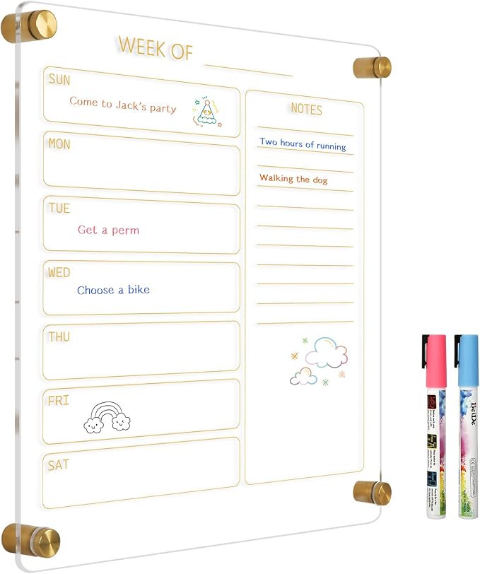 Small Acrylic Calendar for Wall, 12" X 14" (Golden) | Acrylic Wall Calendar, Clear Wet & Dry Erase Board Hanging Frameless Weekly Planner for Office, Home or School, 2 Markers