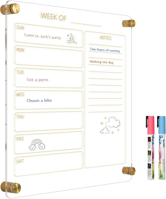 Small Acrylic Calendar for Wall, 12" X 14" (Golden) | Acrylic Wall Calendar, Clear Wet & Dry Erase Board Hanging Frameless Weekly Planner for Office, Home or School, 2 Markers