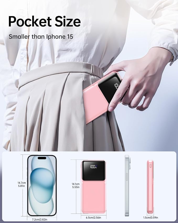 RONEGN Portable Charger with Built in Cable -20000mAh Fast Charging Power Bank USB C Slim 22.5W LED Display Battery Pack 5 Outputs & 3 Inputs for Travel Essentials iPhone Samsung Phones Pink