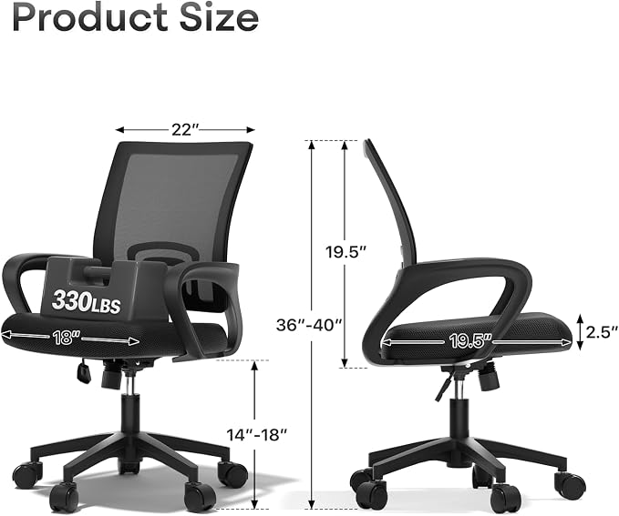 Ergonomic Mesh Office Chair, Heavy Duty 330 Lb Capacity 10 Pack, Black | Mid-Back Desk Chair, Rolling Wheel, Breathable Mesh Backrest & Lumbar Support, Adjustable Height, Sponge Seat for Home Office