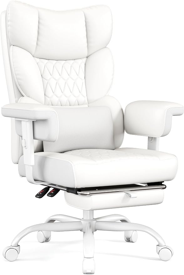 Misolant Big and Tall Office Chair with Footrest, High Back Executive Desk Chair with Adjustable Lift Armrest, 155°Recline，Lumbar Support Pillow, Faux Leather Gaming Chairs for Home All White