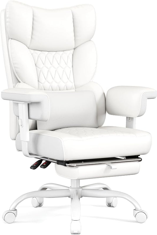 Misolant Big and Tall Office Chair with Footrest, High Back Executive Desk Chair with Adjustable Lift Armrest, 155°Recline，Lumbar Support Pillow, Faux Leather Gaming Chairs for Home All White