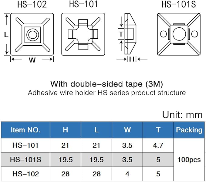 XHF 100 PCS 3/4" White Self Adhesive Cable Zip Tie Mounts Wire Cable Clips Holders Management Anchors Organizer Holders Squares(HS-101S)