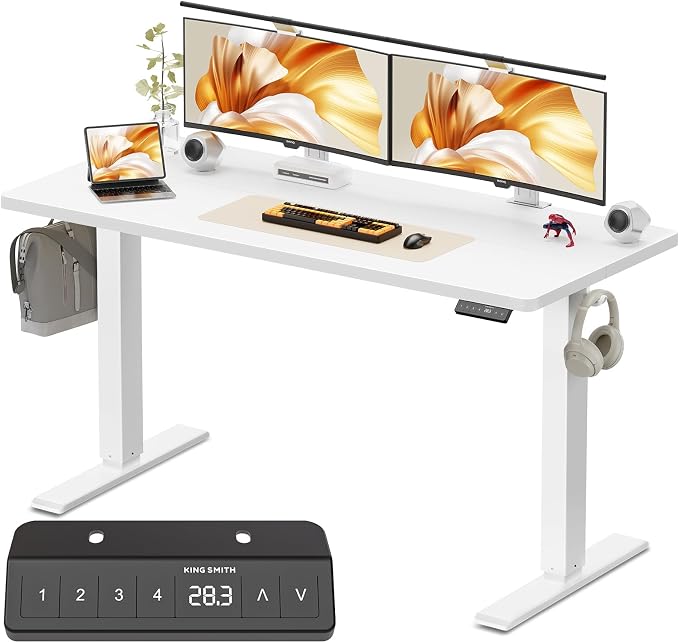 WALKINGDESK 48x24 Inches Height Adjustable Electric Standing Desk with 2 Hooks for Home Office, Ergonomic Sit Stand up Desk with Splice Board, White