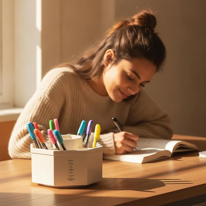 Jekelife 360 Degree Rotating Pen Holder,5-Compartment Desk Organizer,White | Smooth 360 degree rotating organizer with 5 compartments for pens, pencils, scissors, markers and office supplies.