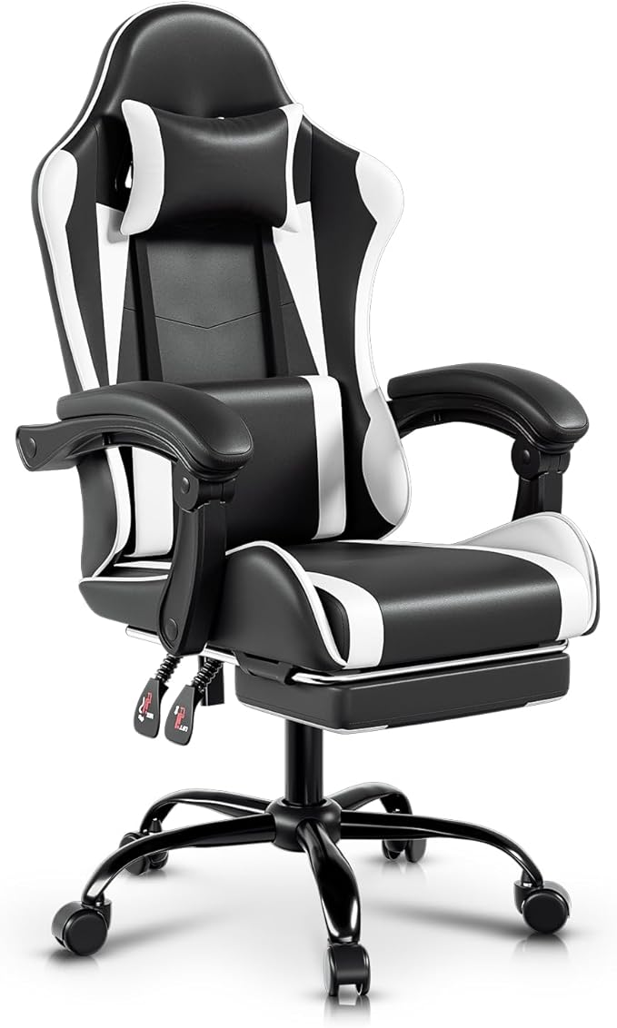 Auto Dynasty Ergonomic Gaming Chair, High-Back Office Chair w/Adjustable Lumbar Support, Linkage Armrest, Headrest & Footrest, 350LBS Recliner Swivel Computer Game Racing Chair, White/Black
