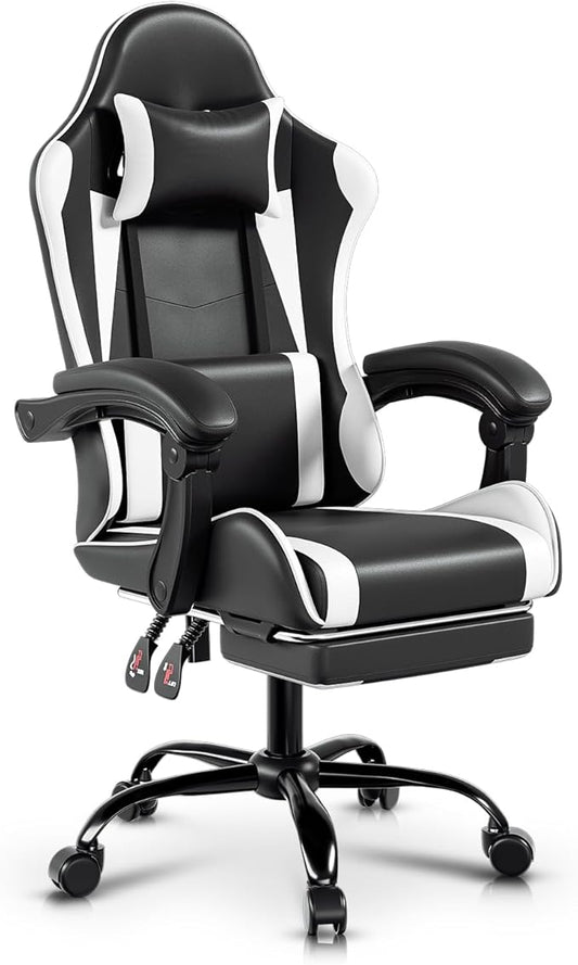 Auto Dynasty Ergonomic Gaming Chair, High-Back Office Chair w/Adjustable Lumbar Support, Linkage Armrest, Headrest & Footrest, 350LBS Recliner Swivel Computer Game Racing Chair, White/Black