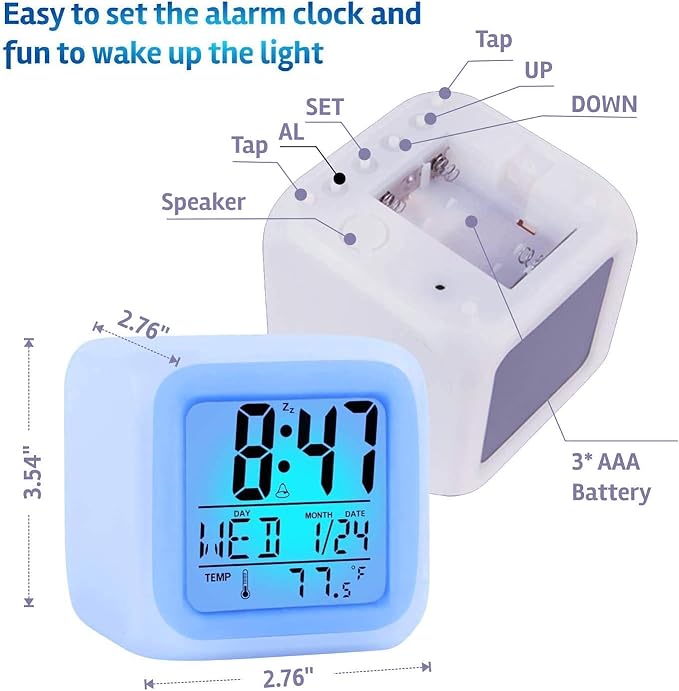 Kids Alarm Clock, 7 Color Night Light, Digital Clocks with Snooze, Alarm Clock for Kids, Wake Up Digital Clock for Room Decor Kids Gift