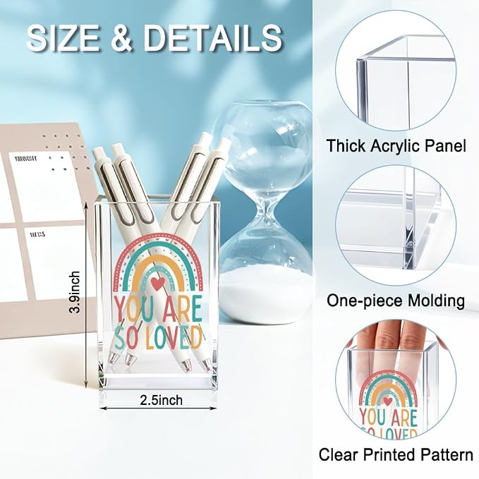 You Are So Love Acrylic Cosmetic Holder, Rainbow Heart Inspirational Quotes Desk Organizer for Home Office Library Classroom Desk, Pen Holder Gifts For Women Men Friends Daughter Son