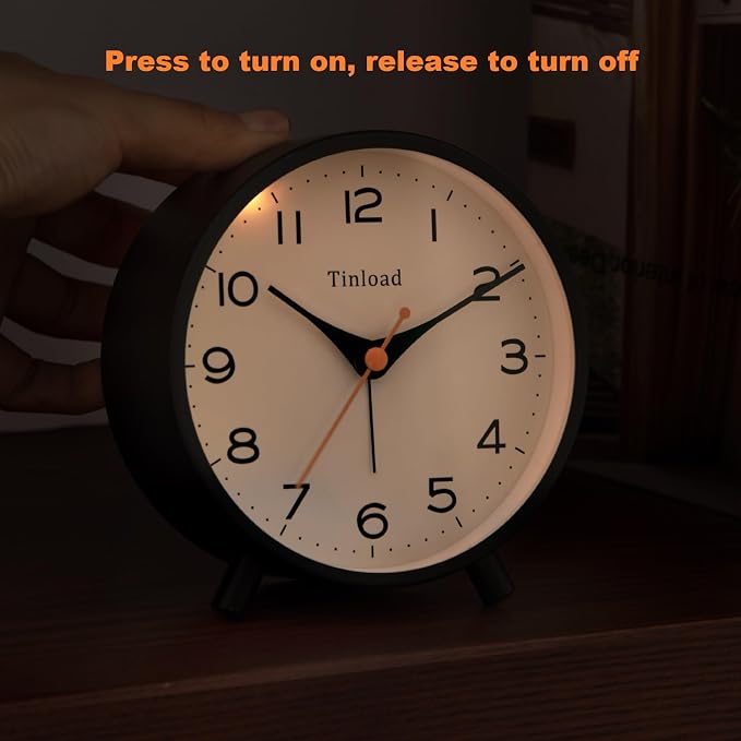 Tinload 4.5" Antique Retro Analog Alarm Clock, Small Silent Bedside Desk Clock,Lighted on Demand, Battery Operated, Snooze, for Living Room, Bedroom, Bedside(Black)