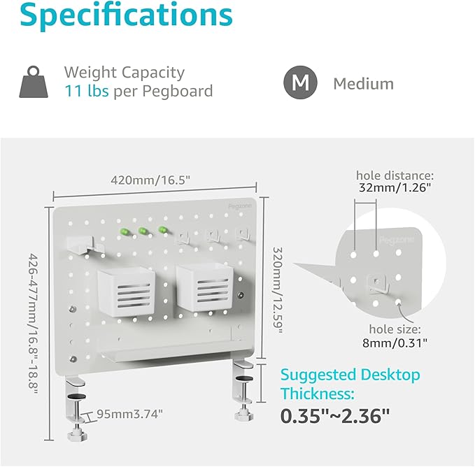 PEGZONE Clamp-on Desk Pegboard, Desk Organizer for Office Gaming Home, Magnetic Metal Peg Board with 10 Accessories, Privacy Panel, 16.5" x 12.6", Medium, White