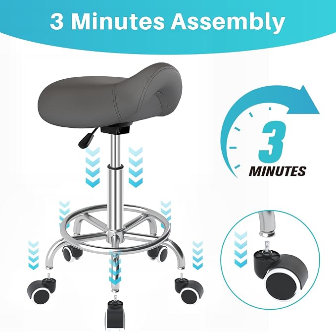 YEEZEE Saddle Stool Ergonomic, Saddle Chair with Wheels, Grey | Comfortable Wide Thick Saddle Seat Padding, 360°Swivel, Adjustable Height, Ring Pedal Design, for Medical Massage Salon Spa
