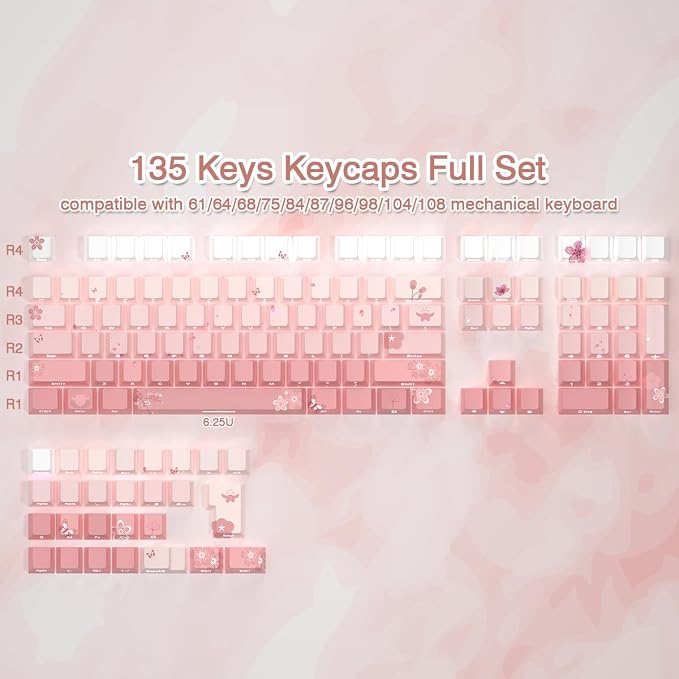 Tsungup PBT Keycaps Cherry Blossom Keycap Set - Custom Pink Sakura Keycaps | 135 Keys Gradient DoubleShot Side Print Key caps Cherry Profile Keyboard Key caps for Mechanical Keyboards