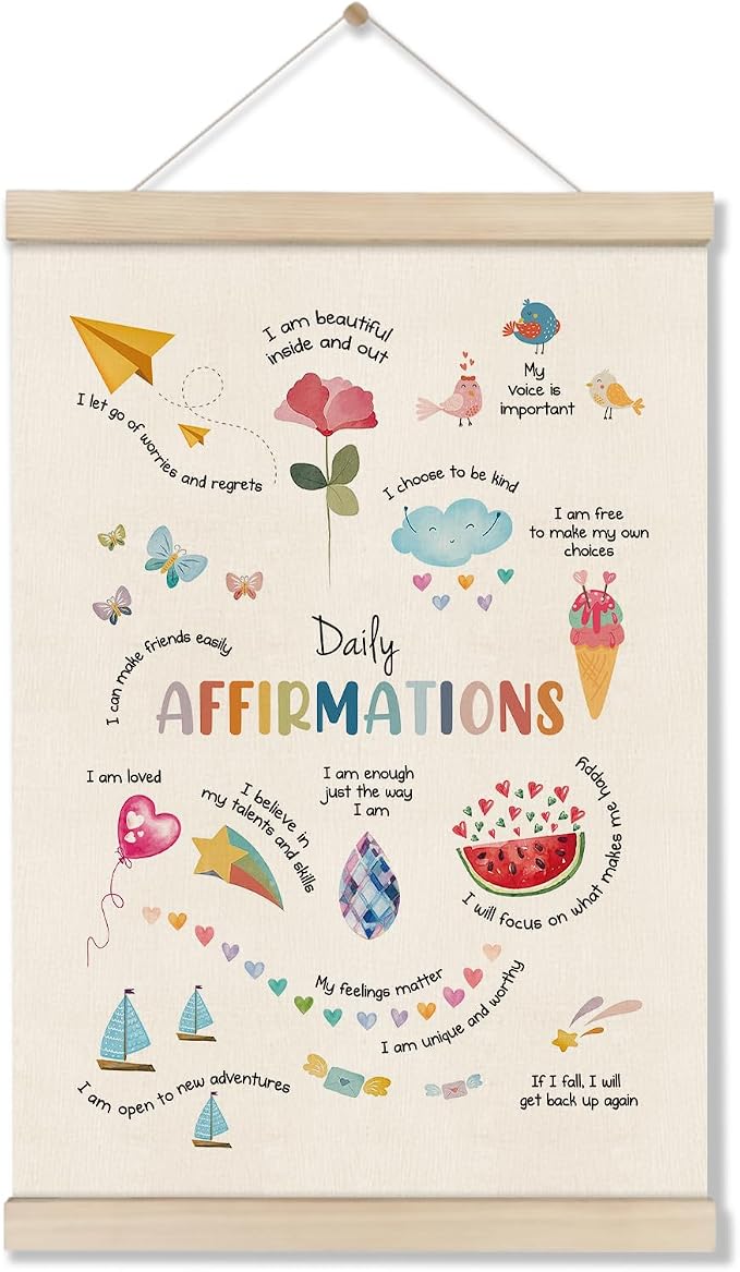 DOI-LANEE Daily Affirmations Wall Decor for Women Kids,Positive Inspirational Motivational Mental Health Posters Hanger Frame,Wall Art for Therapist Calming Office Nursery Playroom Bedroom,12x16 Inch