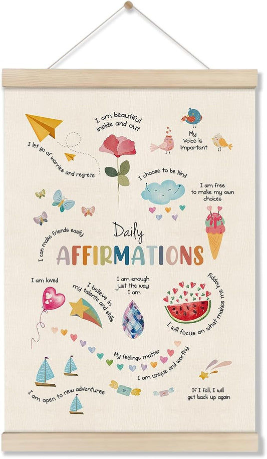 DOI-LANEE Daily Affirmations Wall Decor for Women Kids,Positive Inspirational Motivational Mental Health Posters Hanger Frame,Wall Art for Therapist Calming Office Nursery Playroom Bedroom,12x16 Inch