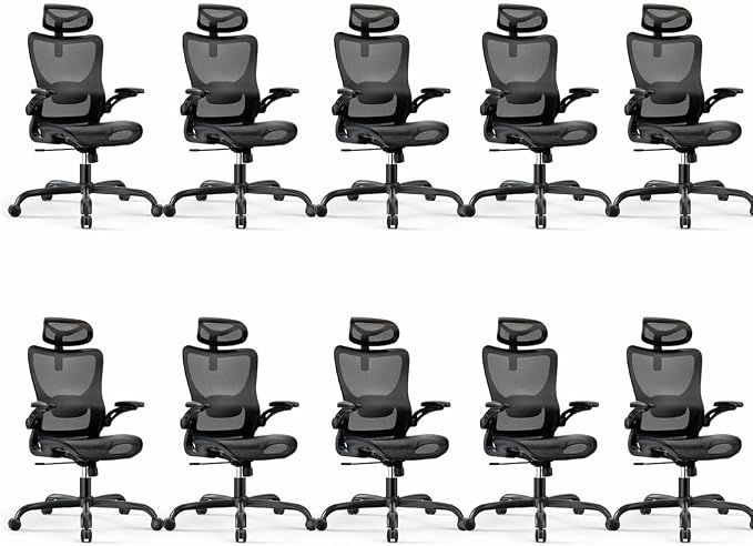 Marsail Ergonomic Mesh Office Chair with Adjustable Lumbar Support, 10 | 3D flip-up armrests, 2D headrest, breathable mesh back, reclining function, smooth-rolling casters, height adjustment