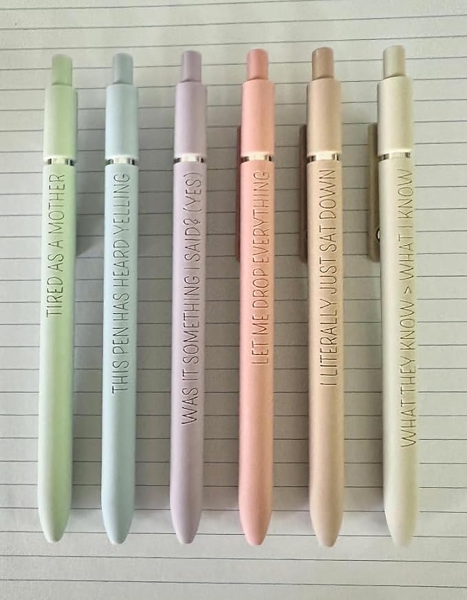 6 Pen Set｜Manic Motherhood Engraved Soft Touch Gel Pens｜Funny Mom Mothers Day Pens｜Planner Pens Office Supplies (Silver Pastel)