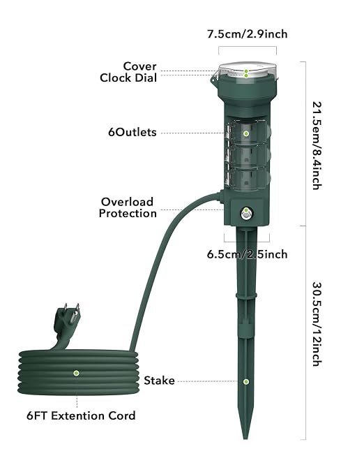 HBN 24 Hour Mechanical Outdoor Tmer for Lights Waterproof,6 Outlets Power Yard Stake for Halloween/Christmas Decorations,Outside Power Strip for Yard Garden,6 ft Extension Cord,1875W/15A