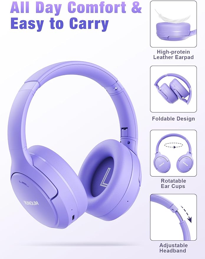 RUNOLIM Hybrid Active Noise Cancelling Headphones, Wireless Over Ear Bluetooth Headphones with Microphone, 100H Playtime, Foldable Headphone with HiFi Audio, Deep Bass for Home Travel Office（Purple）