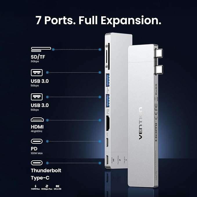VENTION USB C Hub for MacBook Neo/Air/PRO, 80Gbps Detachable Magnetic 8K USB-C Dock with 4K@240Hz HDMI, 140W MAX PD SD/TF Reader for Laptops/ipad, Charging Multiport Adapter(Silver)