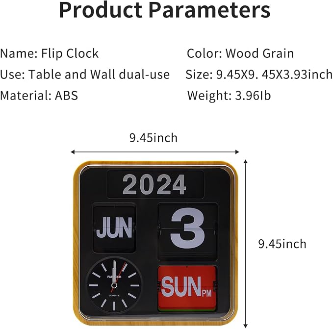 Retro Modern 9.45 Inches Calendar Day Date Flip Desk Wall Clock (Wood Grain)(No Battery Included)