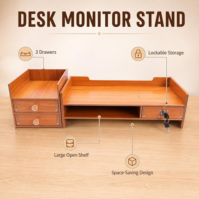 Wood Monitor Stand with Drawer - Tabletop Computer Rack Multi Compartment Home Desk Organizer w/3 Storage Drawers for Office Home Study