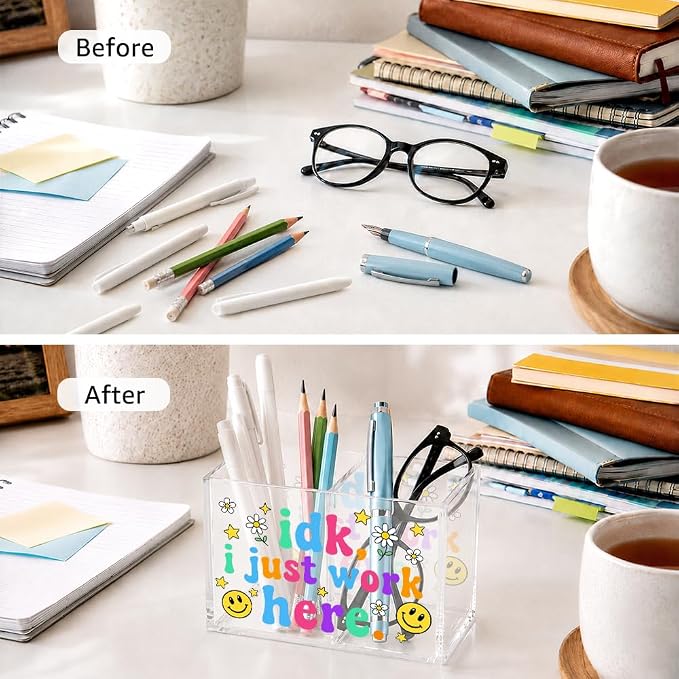 Funny Office Acrylic Desk Organizer, 2 Compartment Desk Pen Holder