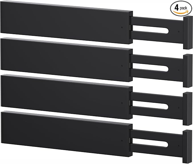 Bamboo Drawer Dividers, Adjustable Drawer Organizers, Fits 17.6–21" Drawers | 2.5" High, 4 Pack Expandable Drawer Separators for Kitchen, Nursery, Dressers & Office Storage, Black