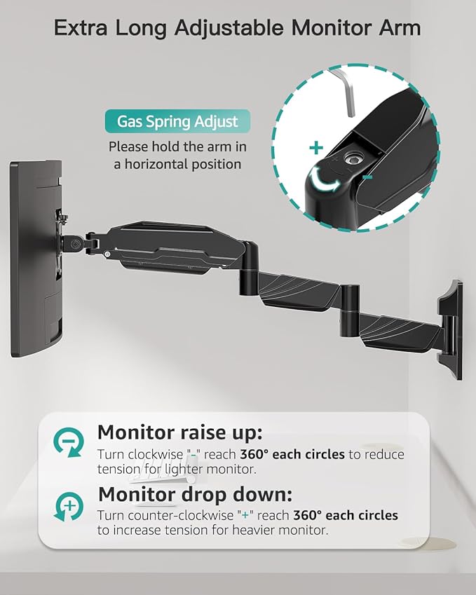MOUNT PRO Monitor Wall Mount for 13 to 32 inch Computer Screen, Extra Long Adjustable Single Wall Mount Monitor Arm, Full Motion Vesa Wall Bracket 100x100, Hold up to 17.6lbs, Black