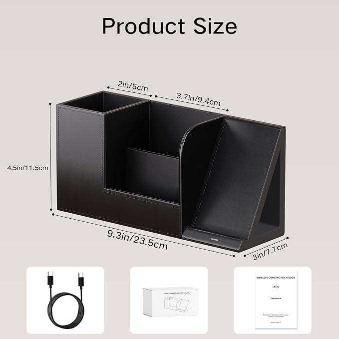 LADSTAG Pen Organizer with Phone Stand,Black Vegan Leather Desk Organizers with Remote Control Holder,Pencil Holder for Desk,Desk Organizer with Phone Charger for Office/Nightstand/Endtable