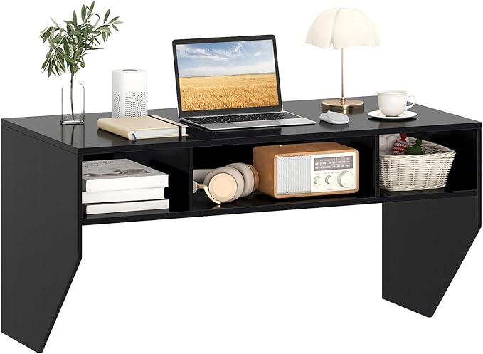 Giantex Wall-Mounted Computer Desk, Floating Laptop Desk with 3 Storage Compartments, Space-Saving Home Office Workstation Vanity Table for Bedroom, Study, Living Room (Black)