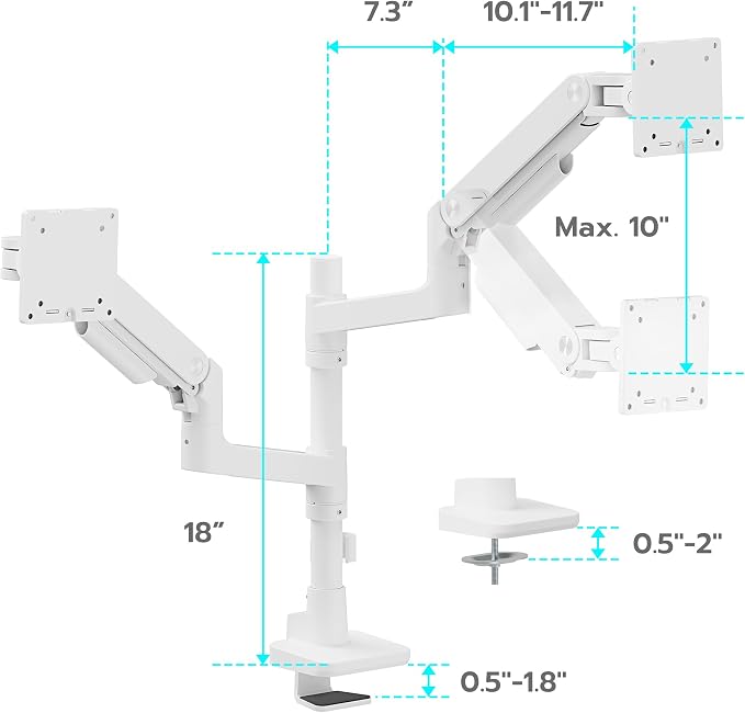 Dual Monitor Arm Desk Mount for 17-49 Inch Monitors, White | Heavy Duty Monitor Mount Stacked Monitor Arm Desk Holds 44 lbs