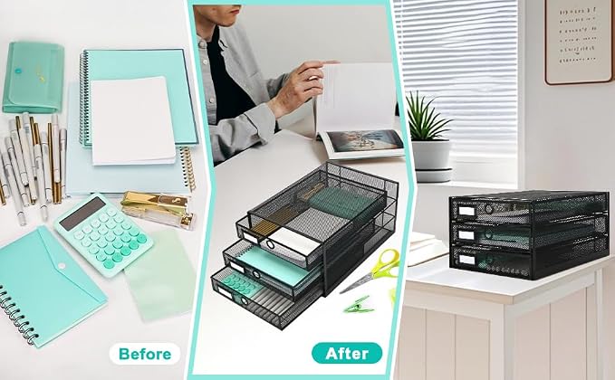 EXERZ Paper Sorter 3 Tier Drawers A4 / Multifunctional Desk Organiser/Letter Tray - Documents, Magazines, Notebooks and Letters | Pull Out Metal Mesh Drawers For A4 Documents Magazines Notebooks And Letters Space Saving Storage For Office Home Study