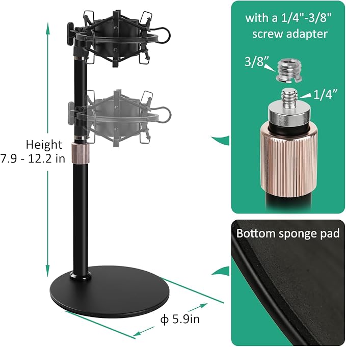 AT2020 Mic Stand, Adjustable Height Desk Mic Stand with Shock Mount, Foam Windscreen, Metal Weighted Base, 1/4 to 3/8 Metal Adapter, for AT2020 AT2020USB AT2020USB+ AT2035 Mic by Rigych