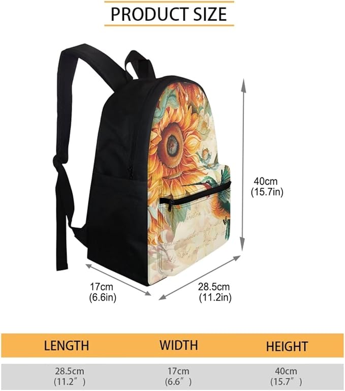 Hummingbird School Backpack 3 Pcs Set for Girls 10-12 Sunflower School Book Bag and Lunch Bag Set for Toddler Girls Backpacks Back to School Supplies