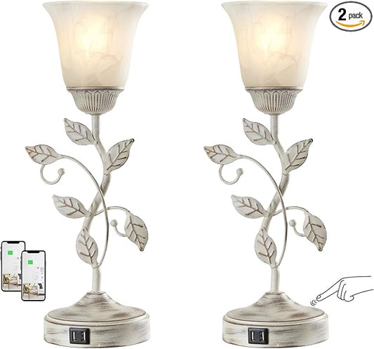 Set of 2 Rustic Touch Table Lamps for Bedroom 2 USB C+A | 3-Way Dimmable Nightstand Flower Lamp, Retro White Glass Shade Leaf Lamp for Living Room Entryway, 2 LED Bulb Included