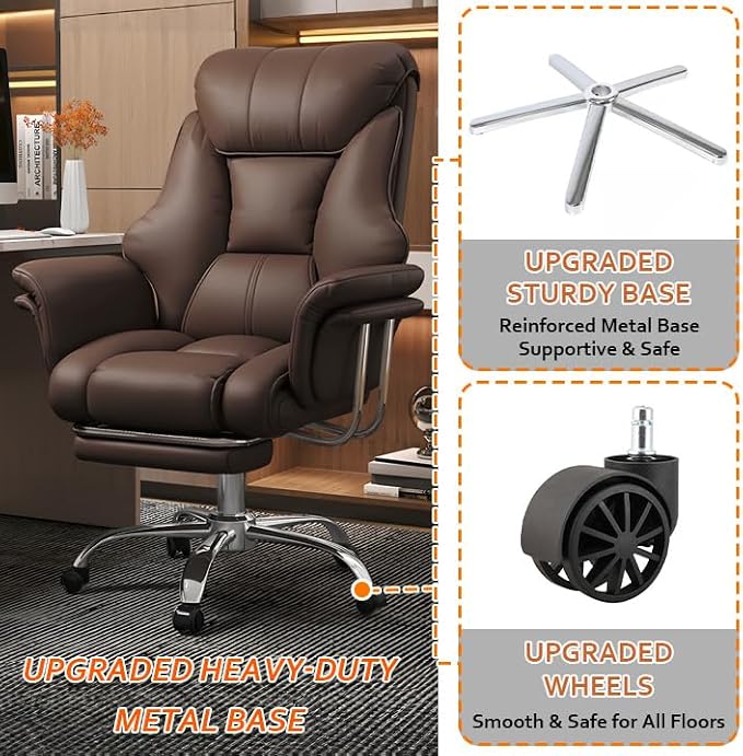 Big and Tall Office Chair Wide Seat Ergonomic Leather Executive Desk Chair with Leg Rest, Heavy-Duty 550 lbs Adjustable Height Computer Gaming Chairs