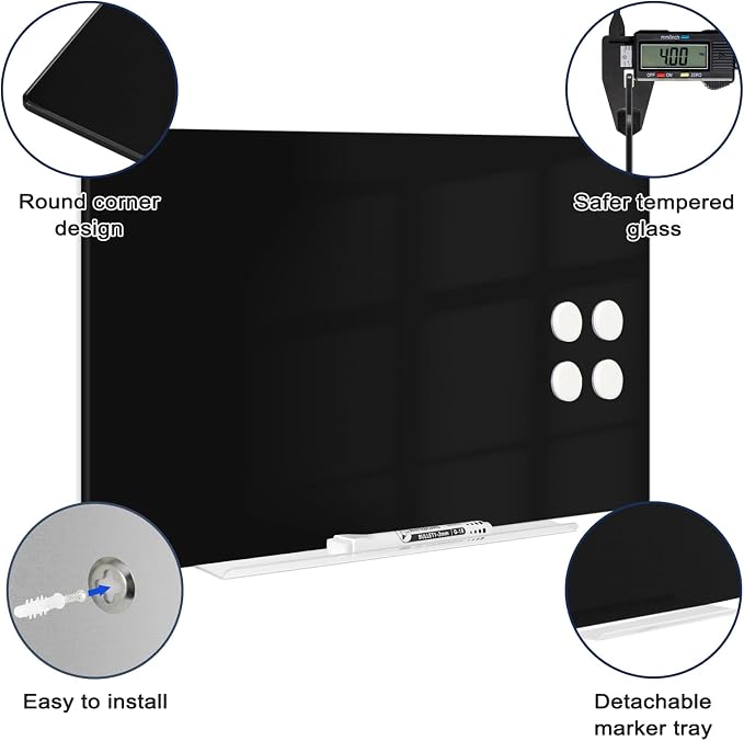 Magnetic Glass Whiteboard, 16" x 12", Frameless Wall Mount, Black | Glass Dry Erase Board for Wall, Includes 1 Marker Tray and 4 Magnets, White Board for Office, Home, Classroom