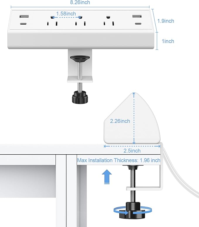 Jgstkcity Desk Clamp Power Strip,40W Total Fast Charging Station,2 PD 20W USB C Ports,Desk Edge Mount Surge Protector for Home, Office,3 Outlets,Fit 1.96" Tabletop Edge,ETL Listed,White (Pack of 2)