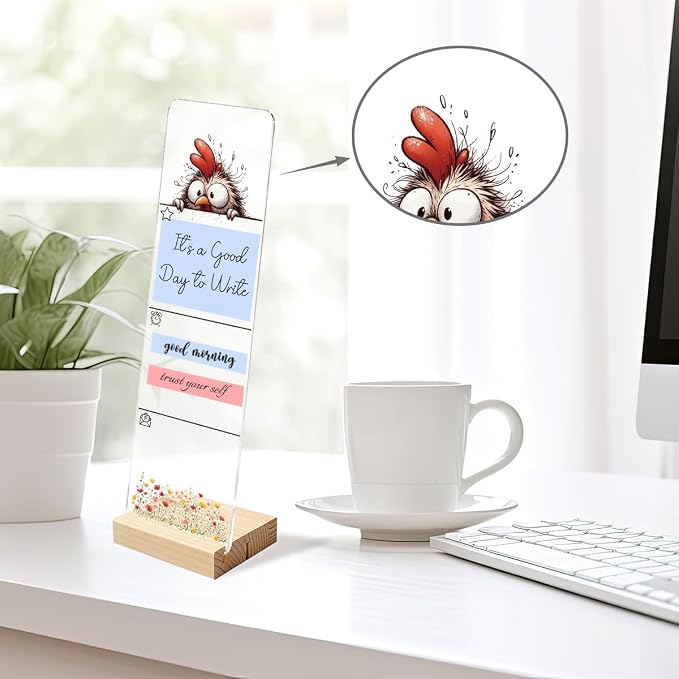 Sticky Note Holder, Monitor Memo Board, Acrylic Post It Note Holder with Wooden Base, Includes 200 Notes, Desk Organizer for Office, Cute Rooster Design