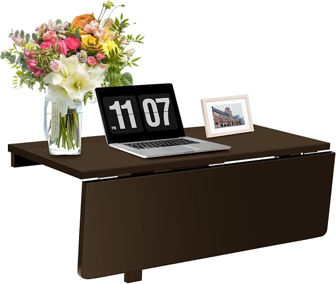 COSTWAY Wall Mounted Folding Table, 31.5" x 23.5" Drop-Leaf Floating Writing Desk for Small Spaces, Space-Saving Fold Down Laptop Workstation for Kitchen, Bedroom, Laundry Room, Study Room (Brown)