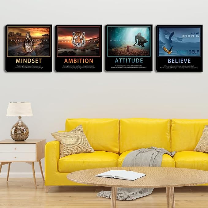 Motivational Wall Art Decor Quotes Canvas Wall Art Set of 4 Motivation Picture Prints for Home Office Canvas Painting Wall Art Poster Prints Wall Pictures Decoration Framed Ready to Hang 16"x16"x4