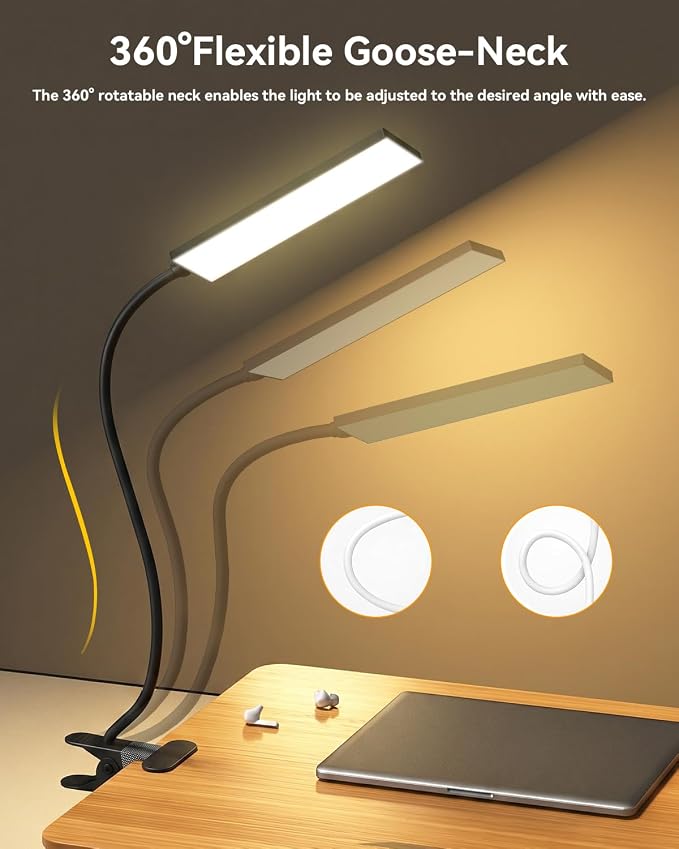 Eye-Caring Adjustable LED Reading Clamp Desk Lamp with 48 LEDs Flexible Neck, 3 Color Modes & 11 Brightness Levels for Office Bedroom Study (Black)