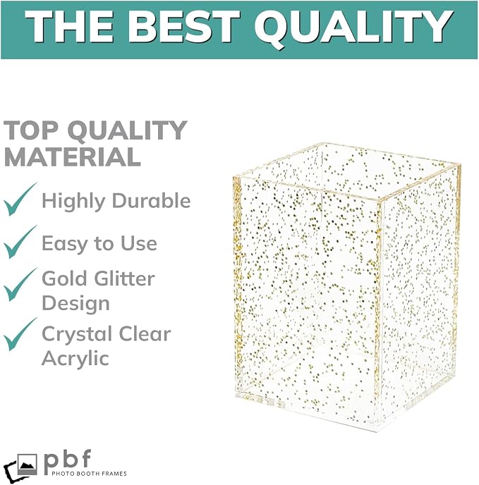 pbf Clear Acrylic Pen Holder for Desk | Clear Pencil Holder | Acrylic Makeup Brush Holder for Vanity | Pen Organizer | Bookmark Holder | Pencil Cups | Desk Organizer (Gold Glitter)