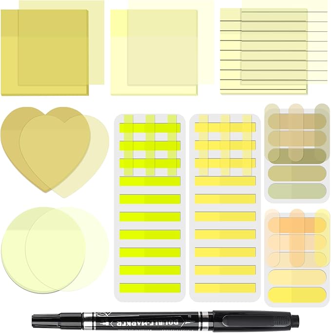 850 Sheets Transparent Sticky Notes, 3 x 3 Inch Clear Sticky Notes with Marker Pen for Bible, Waterproof Self-Adhesive Annotation Tabs, Gradient Color Note Pads for School Office (Yellow)