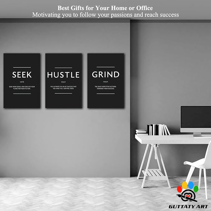Office Wall Art - 3 Panel Motivational Wall Art, Inspirational Quotes Canvas Art for Home Office Wall Decor, Positive Quotes Wall Decor, Entrepreneur Grind Hustle Execution Poster Frame (24”x36”x3Pcs)