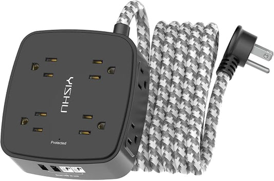 Surge Protector Power Strip - YISHU 8 Outlets with 4 USB (2 USB C) Charging Ports, 10Ft Braided Extension Cord, Flat Plug Multi Plug Outlet Extender Charging Station for Home Office, ETL, Black